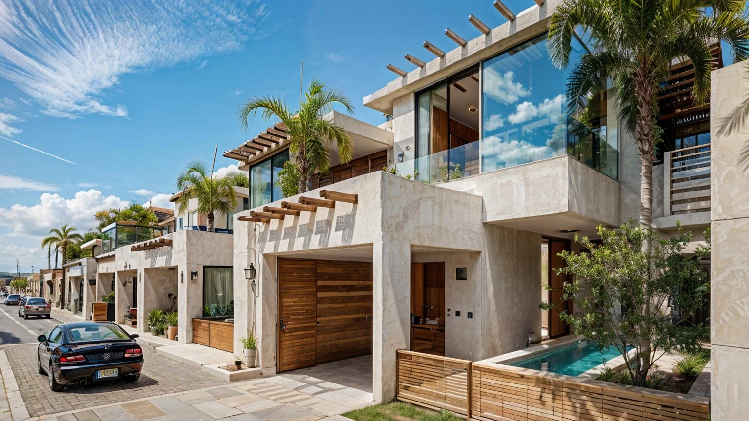 Arrival view of villas with stone finishes and deep balconies.