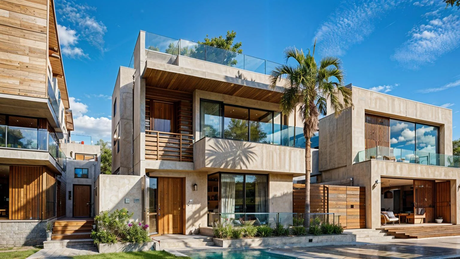 Villa visualisation with large glazing, timber screens and outdoor planting.