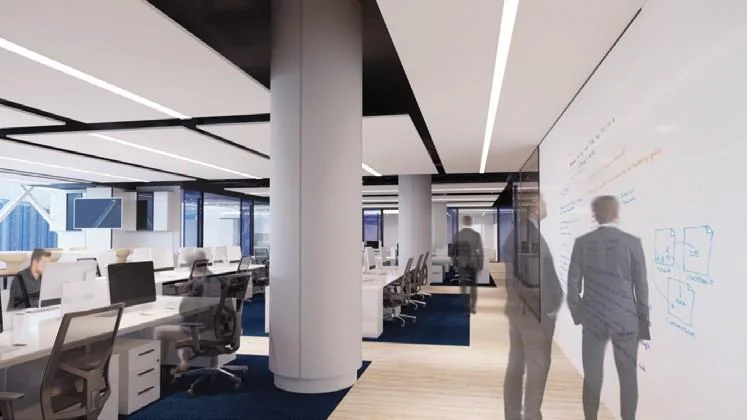 Office visualisation with open desks, round columns and dark ceiling lines.