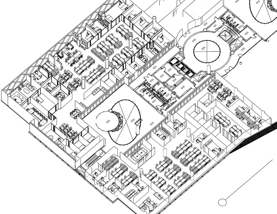 Axonometric drawing showing desks, enclosed rooms and shared areas.