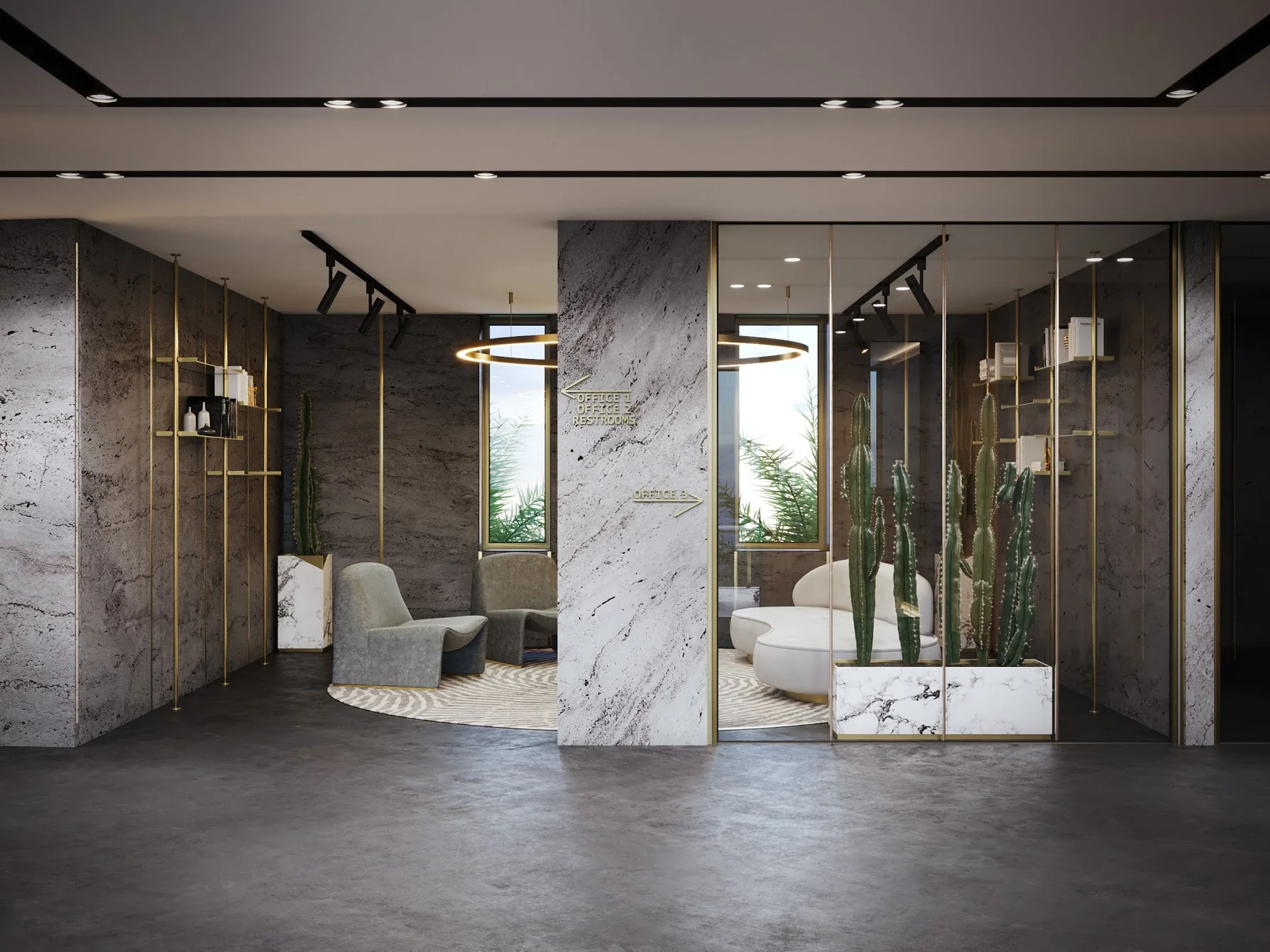 Lobby visualisation with stone surfaces, glazing and soft seating.