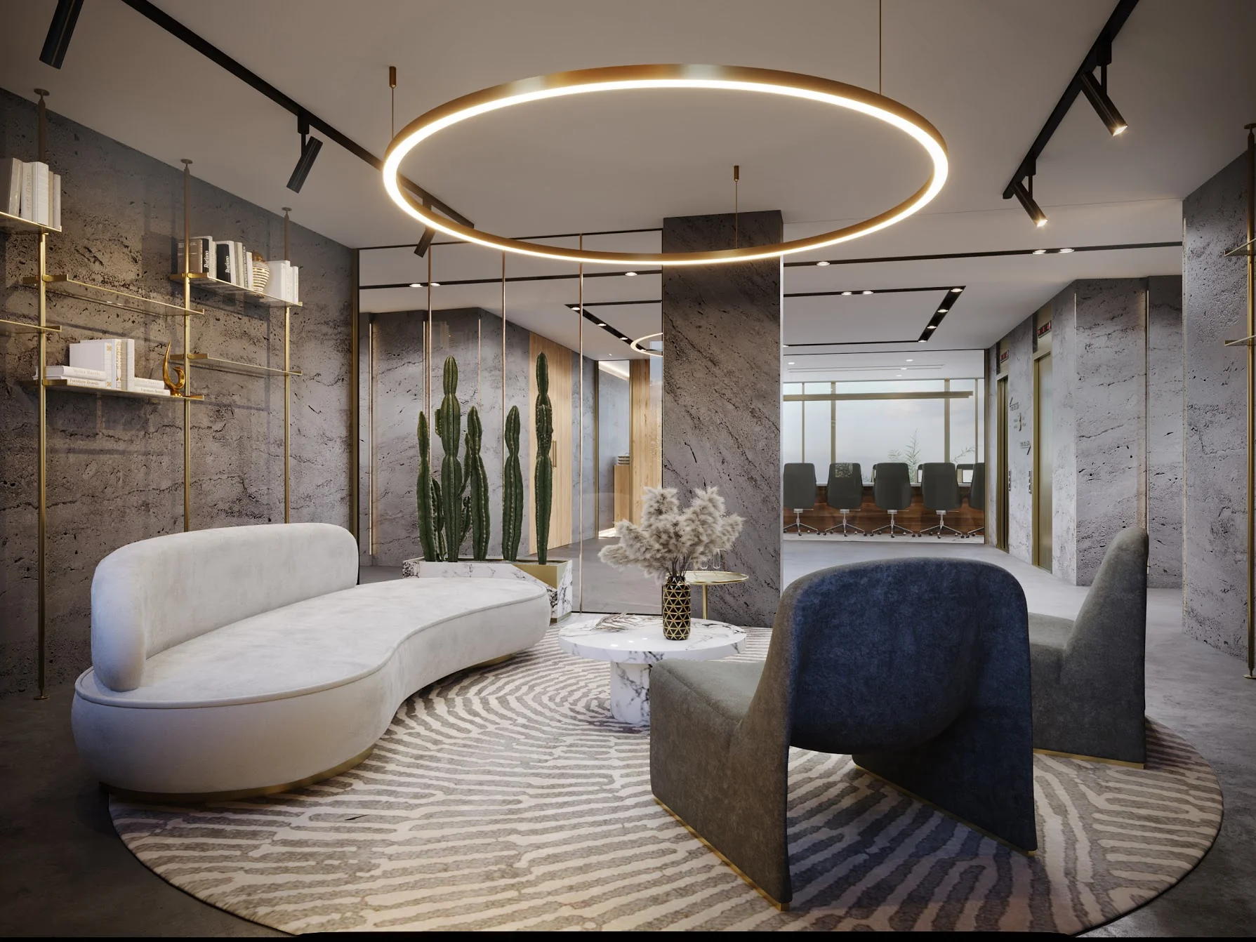 Lounge visualisation with curved seating beneath circular pendant lights.
