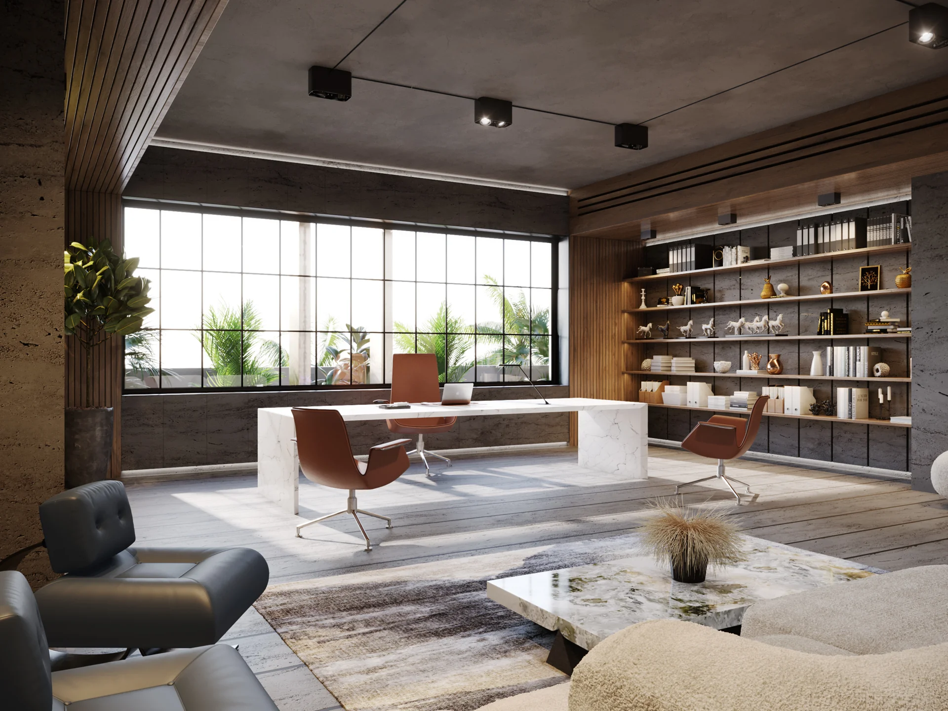 Office visualisation with a desk, timber shelving and a large window.