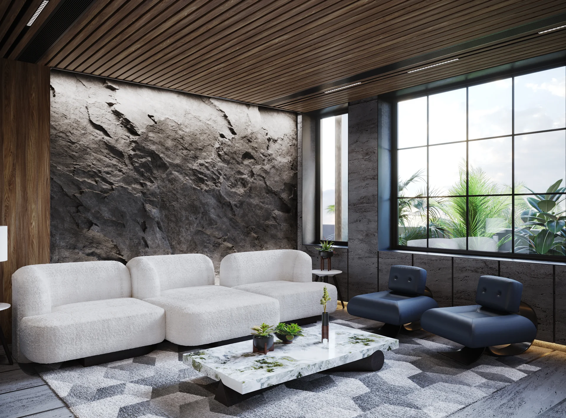 Close interior view of upholstered seating against a dark textured wall.