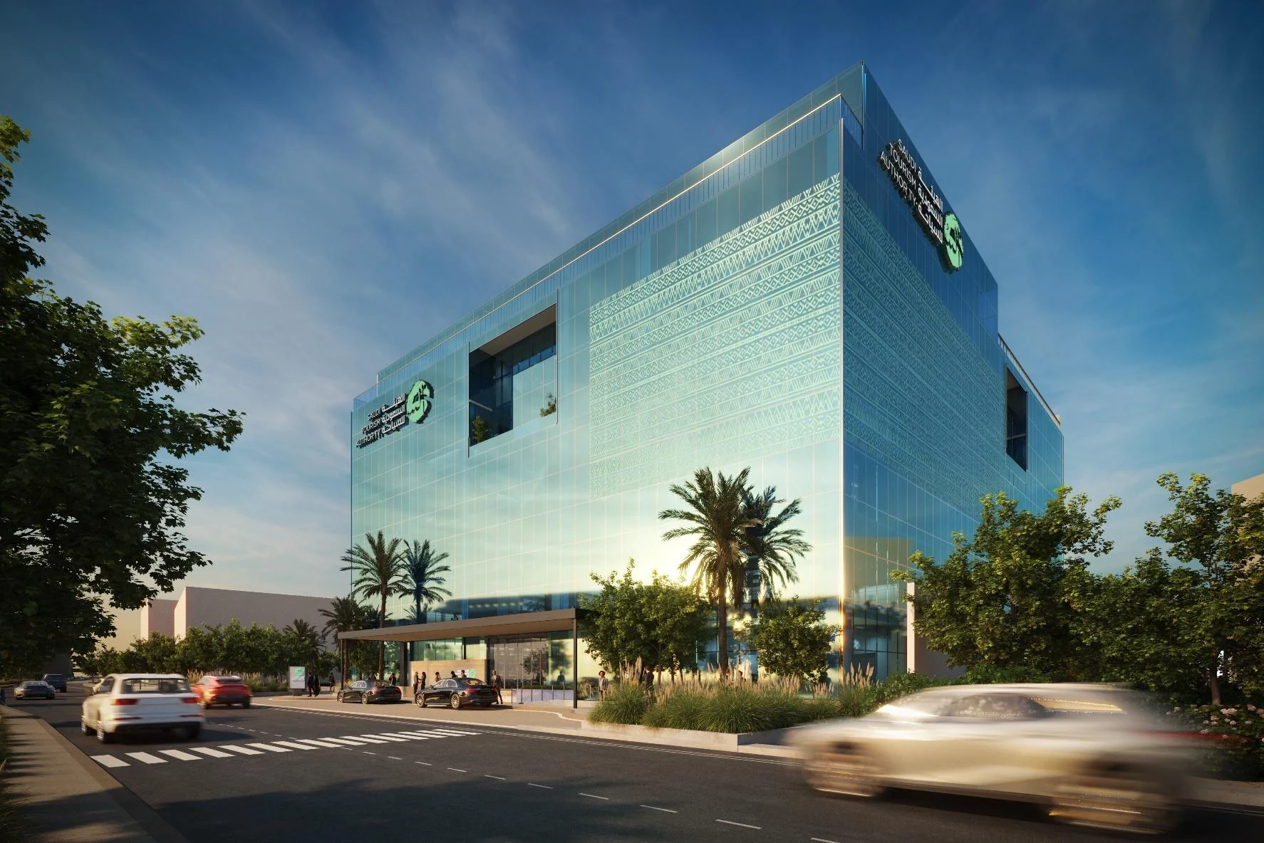 Exterior visualisation of the headquarters with a glazed facade and trees along the frontage.