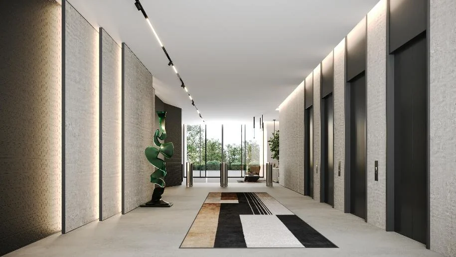Interior visualisation of a long circulation space with illuminated stone walls and dark vertical panels.