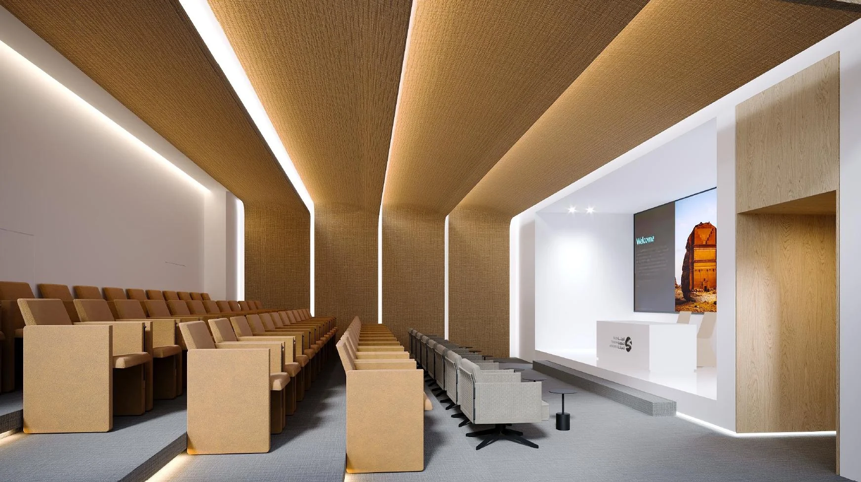 Auditorium visualisation with stepped seating and angular timber ceiling planes.