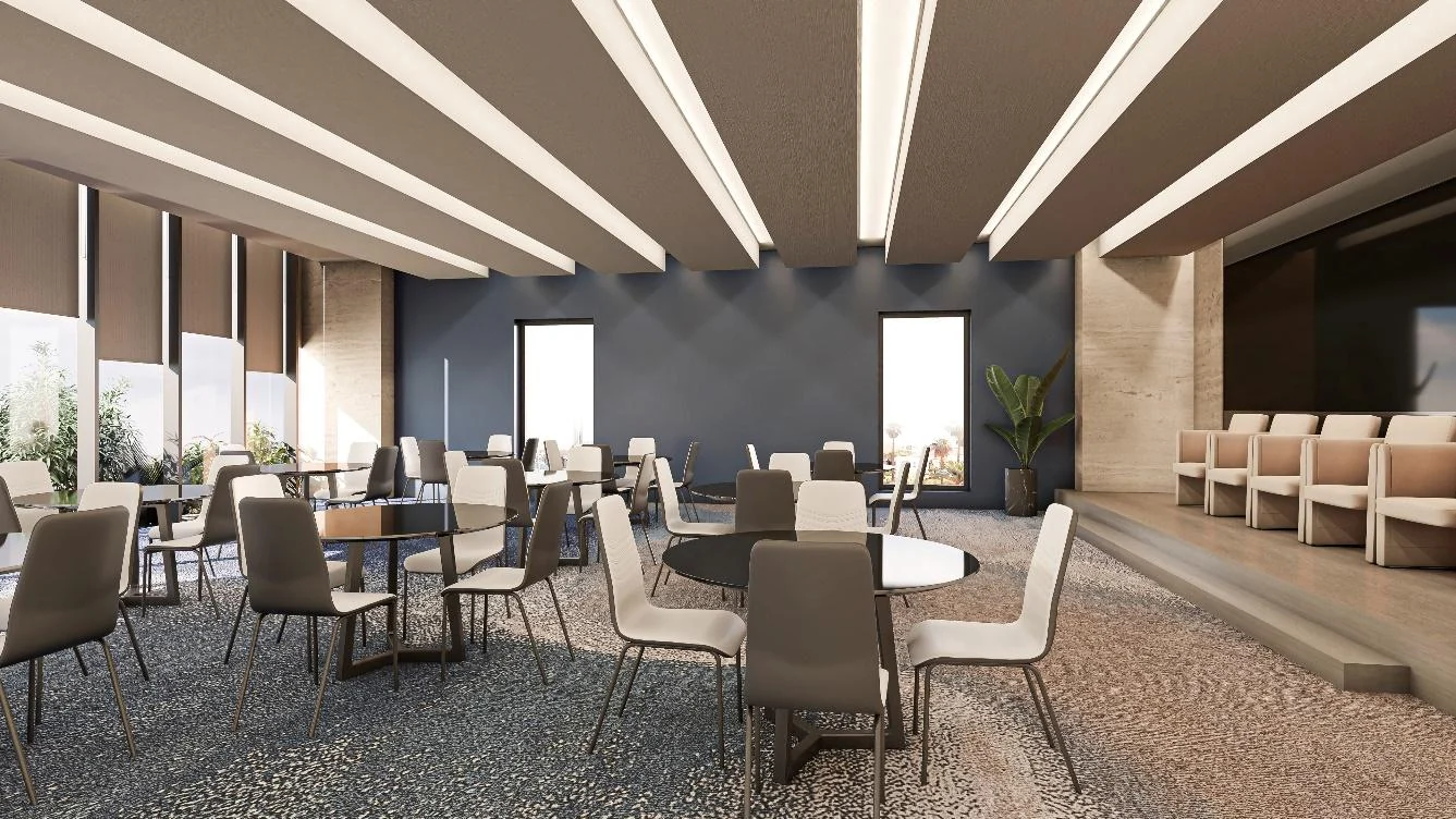 Shared-space visualisation with round tables, mixed seating and linear ceiling elements.