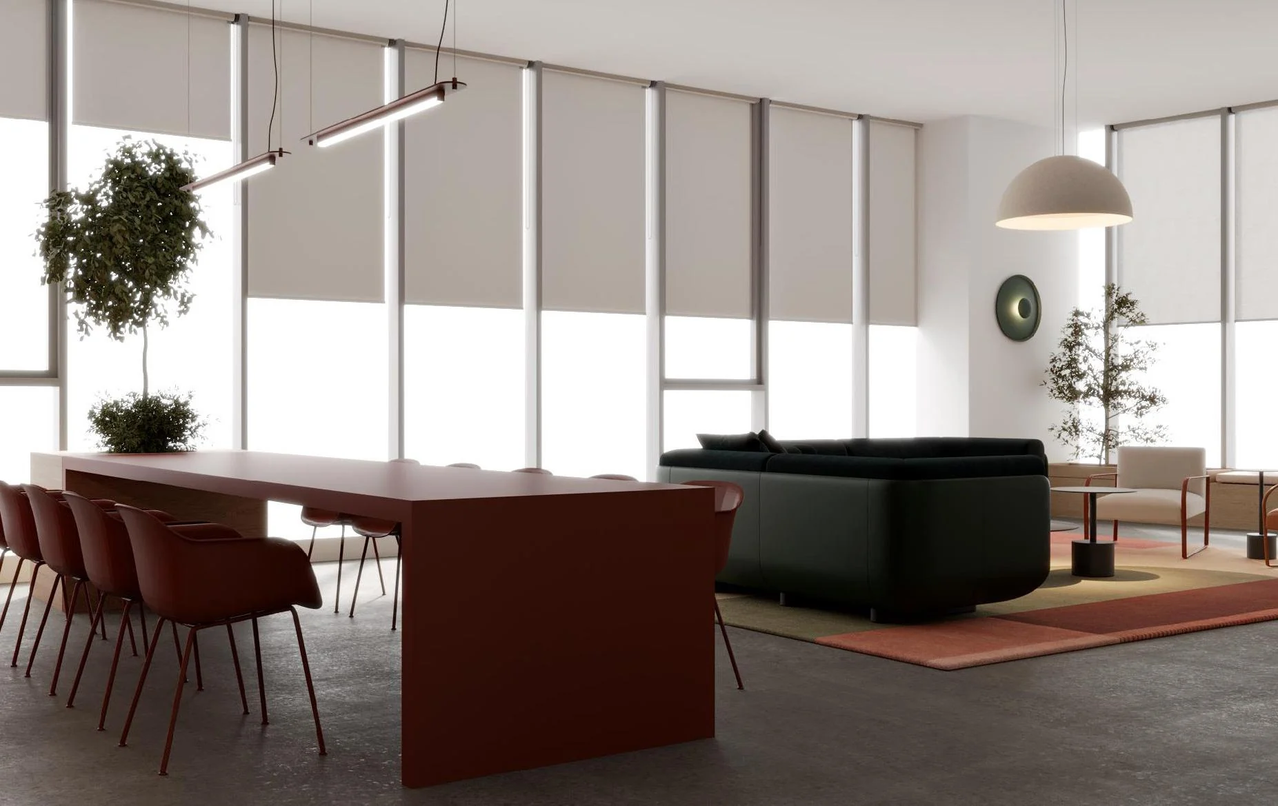 Lounge visualisation with colourful seating beside full-height glazing.