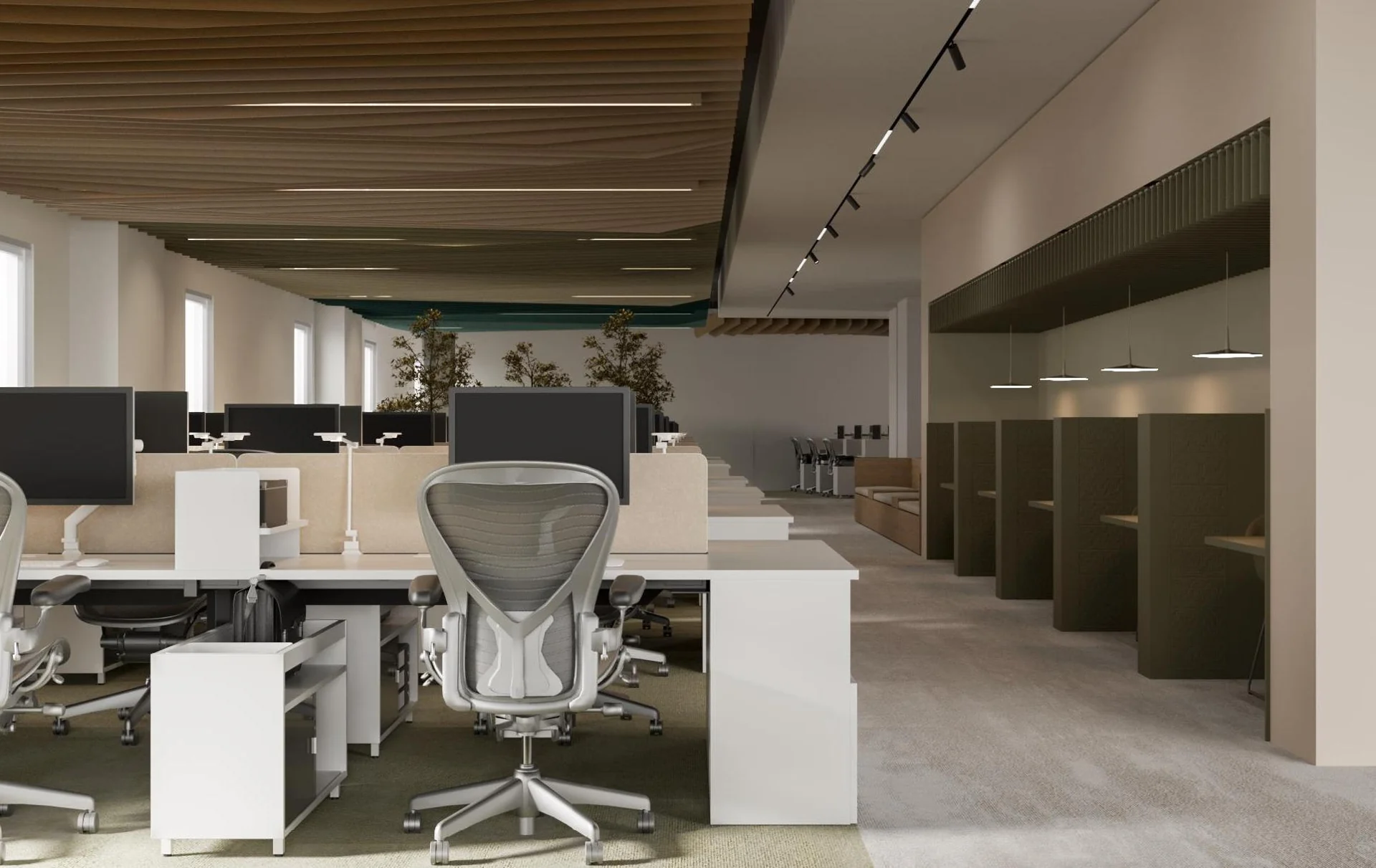 Workplace visualisation with grouped desks, shelving and a timber ceiling.