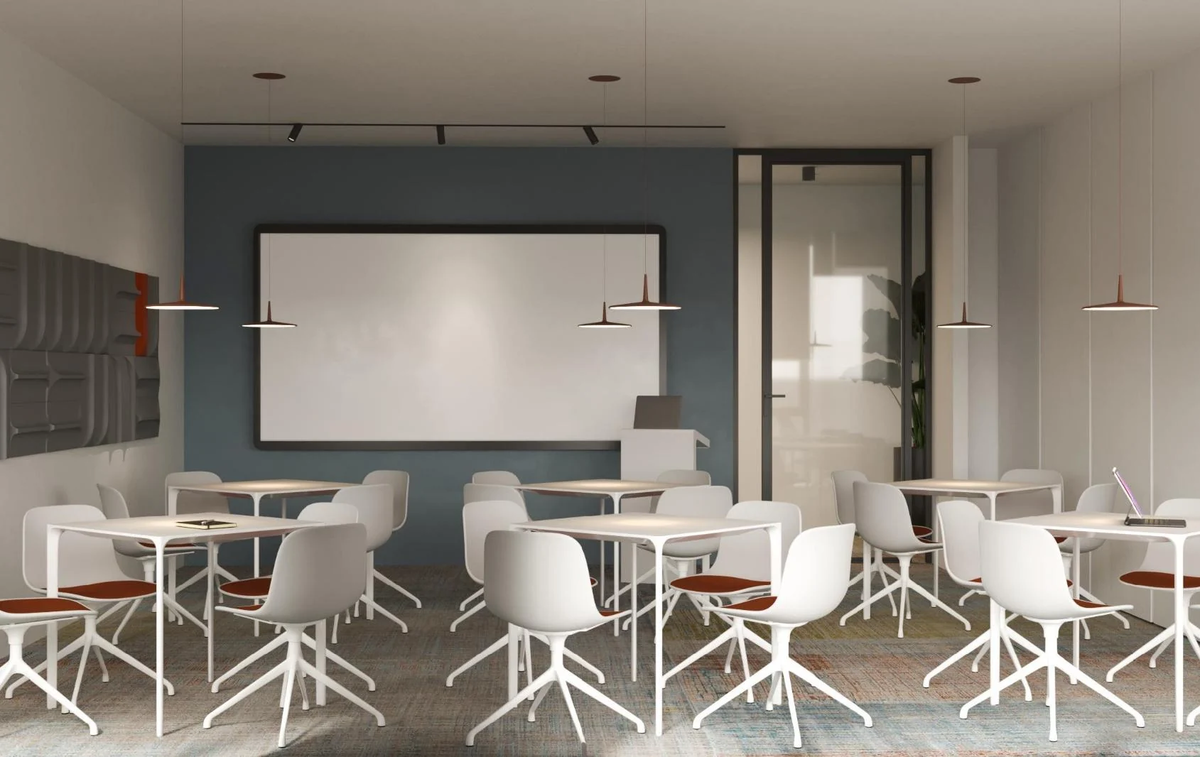 Meeting-space visualisation with a long table and a glazed partition.