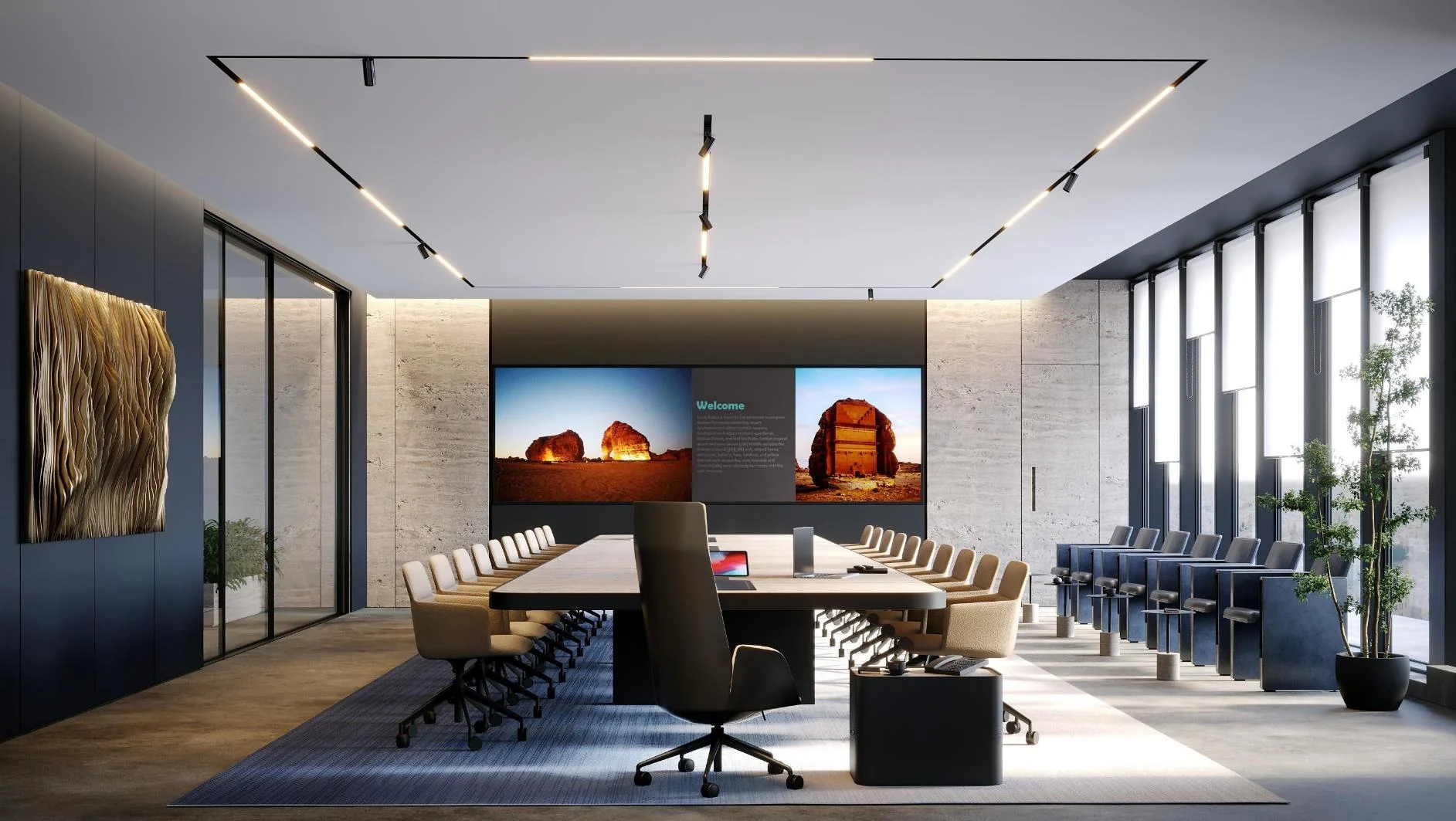 Boardroom visualisation with a long conference table and landscape imagery on screens.