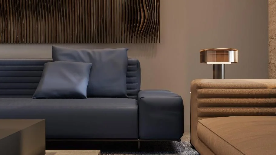 Detail visualisation of upholstered seating, a timber side table and a textured feature wall.